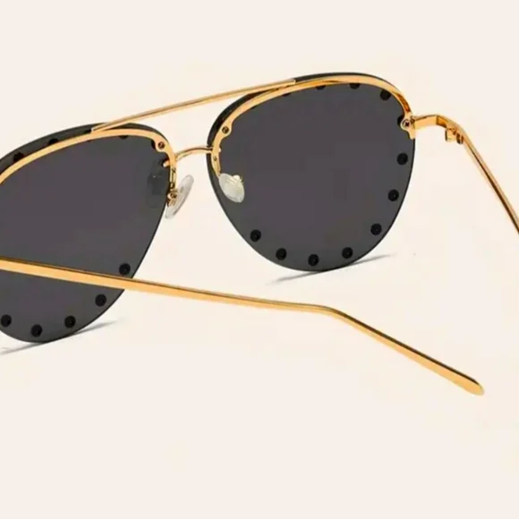 Black & Gold Studded Aviator Unisex Sunglasses - Picture 3 of 5